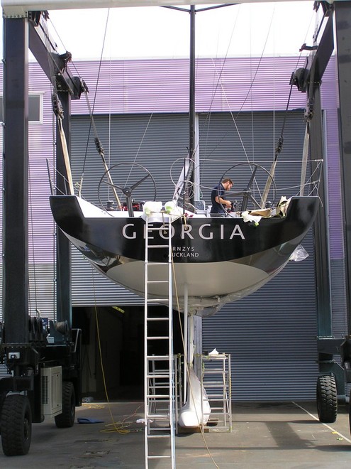 Stern section view. - New Georgia being Rigged ready for Launch at the Viaduct Basin in Auckland. Photos taken Weds  7th October. © Nigel Price